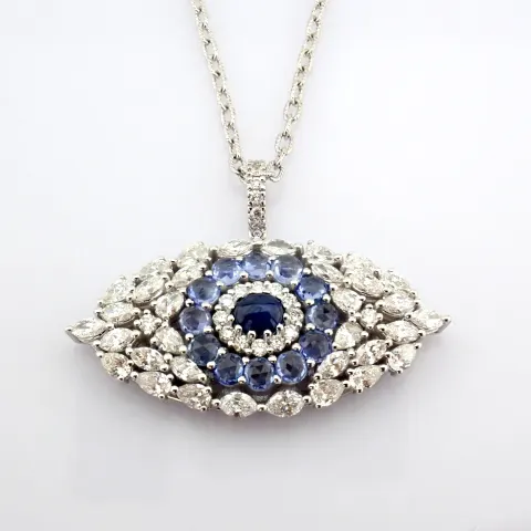 14K Large Evil Eye Necklace Detailed With Vibrant Sapphire and Brilliant Diamonds