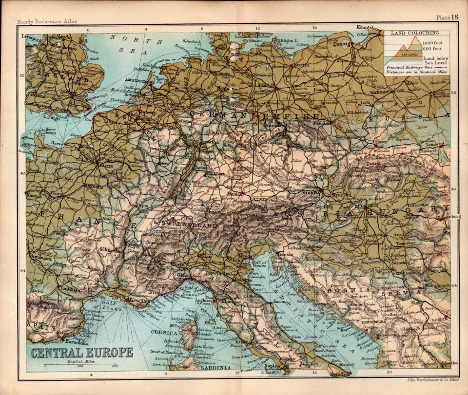 Central Europe & Malta Double Sided Coloured Antique 1896 Map.