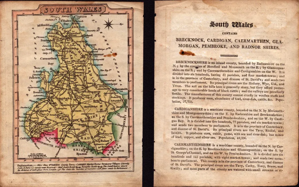 South Wales Engraved Hand Coloured George IV Map & Text.