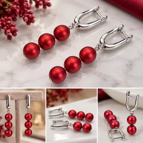 Red Beaded Drop Earrings with Silver Tone Leverback Clasps