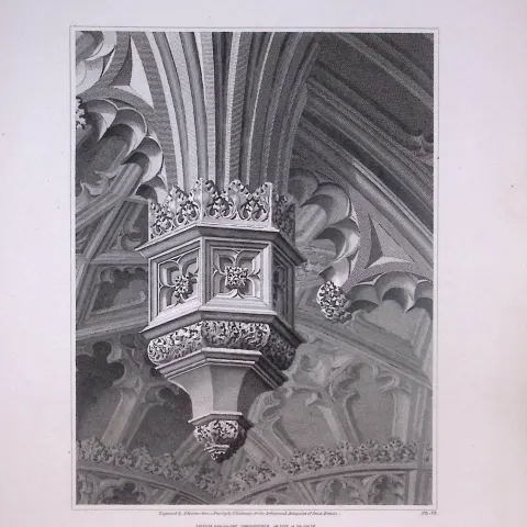 Henry VII Chapel Westminster Abbey 190 Years-Old John Britton Antique Steel Engraving-304
