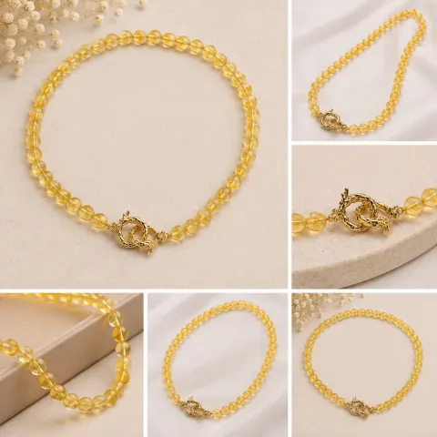 Yellow Citrine Bead Necklace with Gold-Tone Dragon Clasp