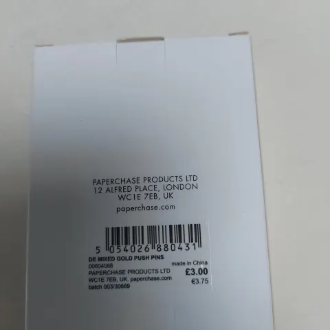 Pack of 8 Push pins, gold from Paperchase.   RRP £3 each.  Box of 20 packs