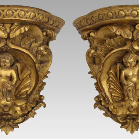 Pair of Italian Baroque Revival Giltwood Wall Brackets with Cherub Motifs