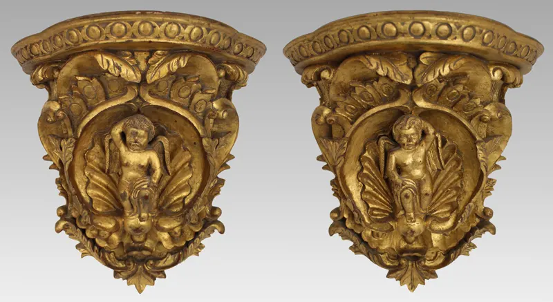Pair of Italian Baroque Revival Giltwood Wall Brackets with Cherub Motifs