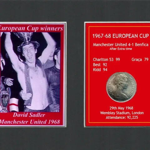 David Sadler Manchester United 1968 European Cup Mounted Coin Metal Art