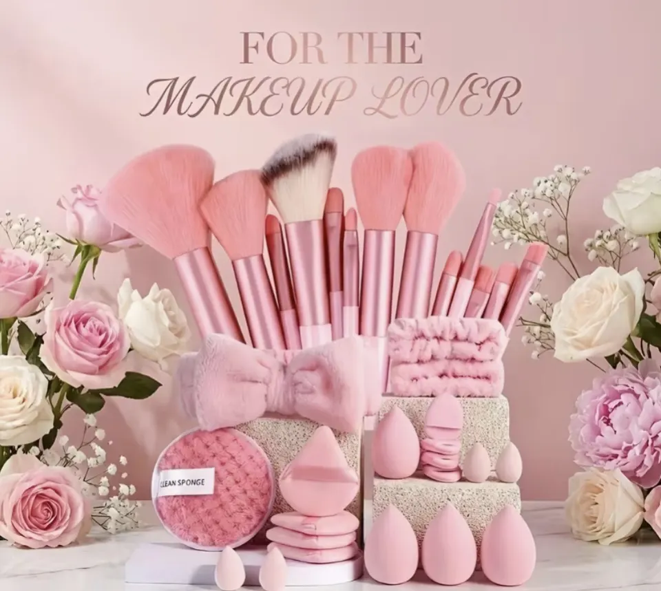 33-Piece Pink Makeup Brush Set – Complete Beauty Kit With Headband, Sponges & Puffs