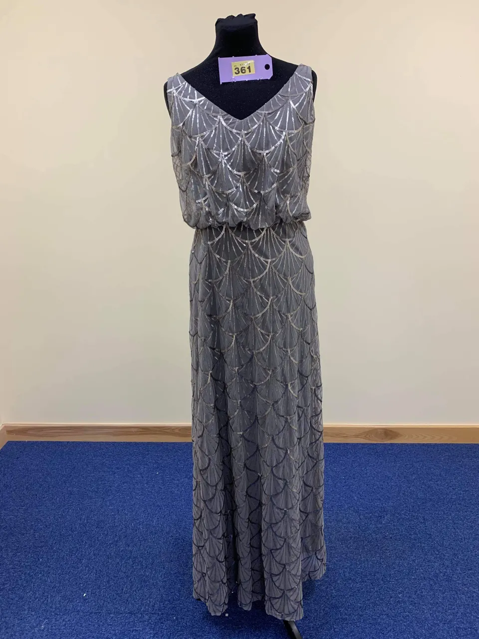 Silver evening or cruise dress in small size.