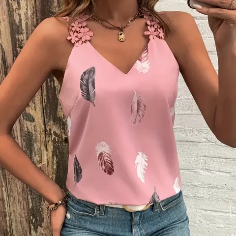 Brand New Women's Summer Feather Print Lace V-Neck Tank Top - Breezy Sleeveless Design, Casual Wear