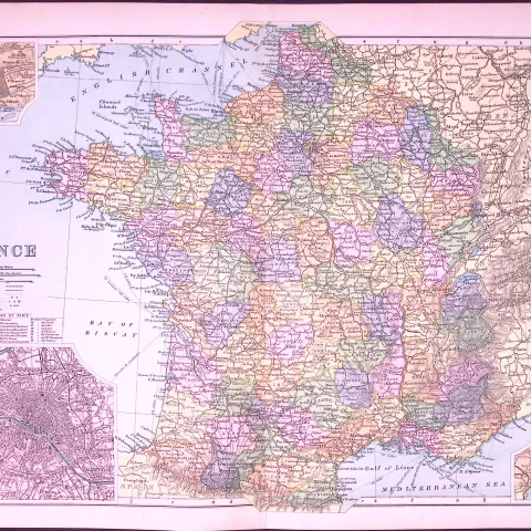 France & Paris 120-Year-Old Large Coloured Antique Map by G.W. Bacon-17