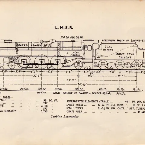 L.M.S.R. Turbine Locomotive  Detailed Drawing Diagram 85-Year-Old Print-29
