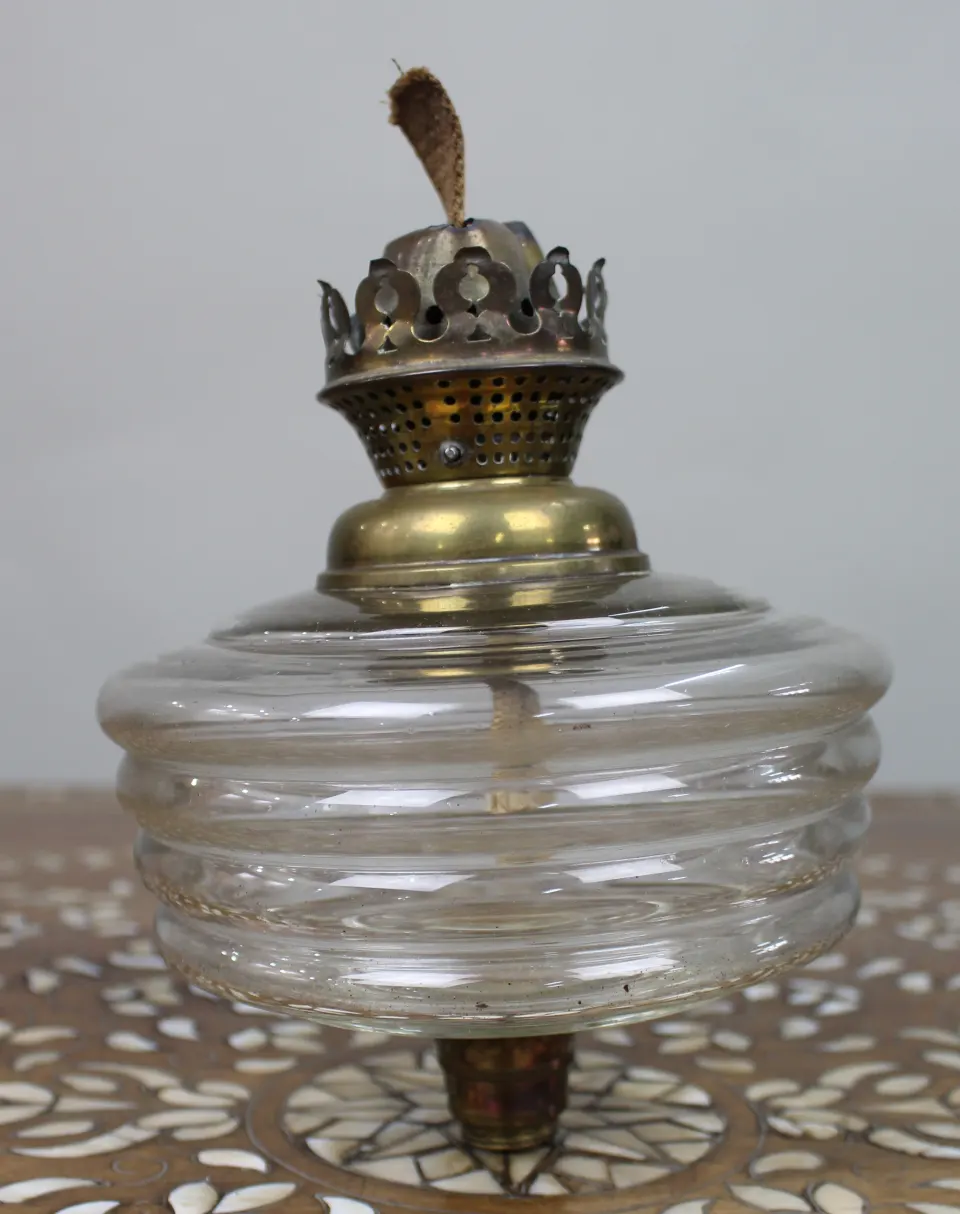 Antique Ribbed Glass and Brass Oil Lamp Font, c.1900