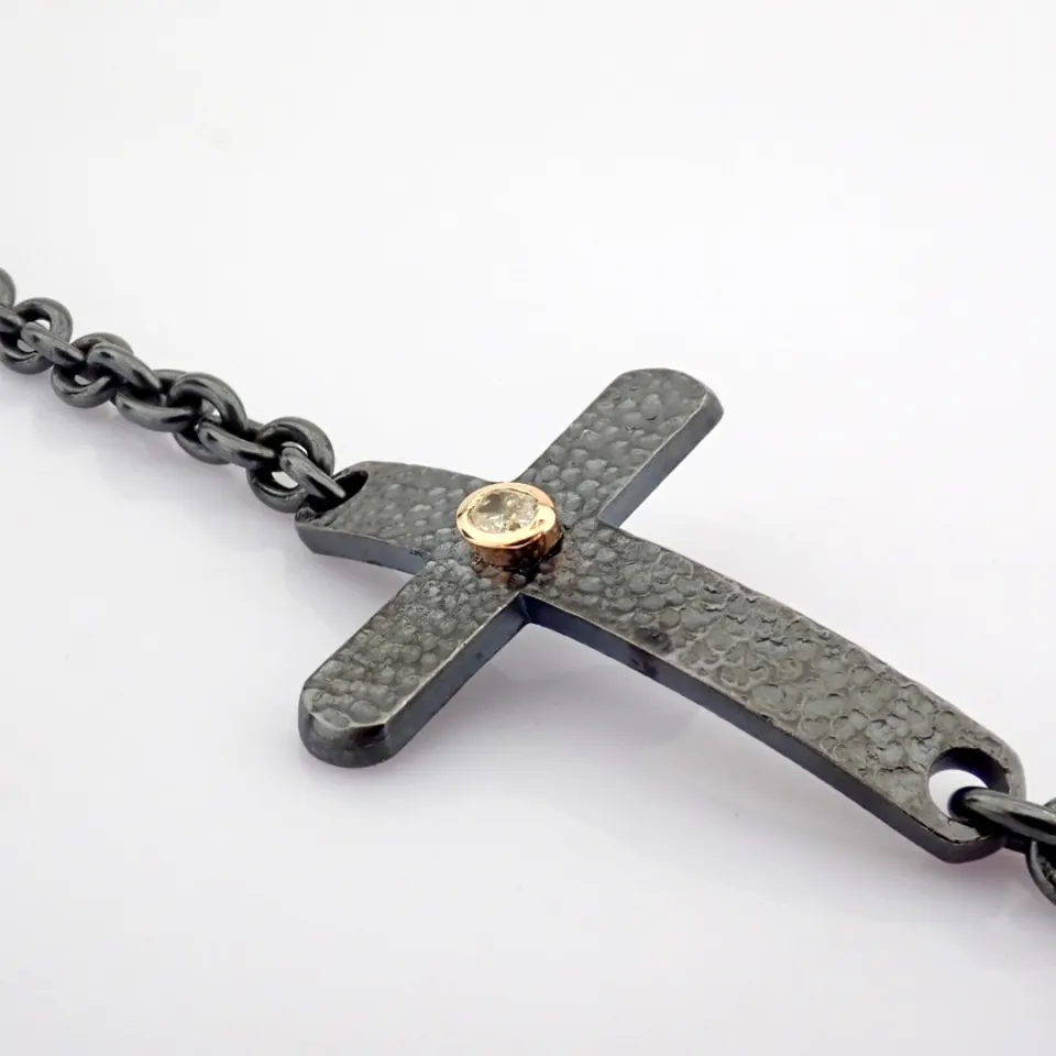 Cross Bracelet Detailed With Brilliant Diamonds and 18K Gold On Silver