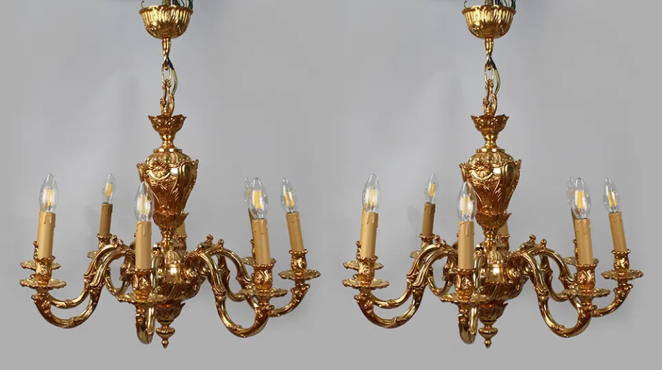 Pair of Impressive Baroque 6 Arm Ormolu Chandeliers