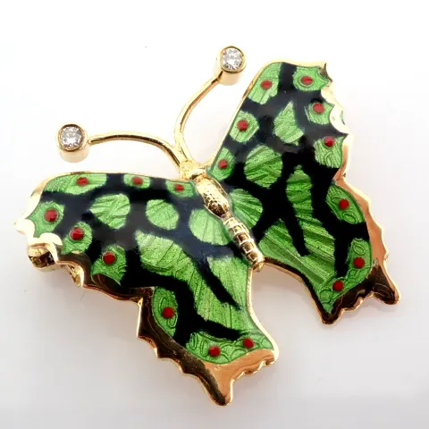 14K Enamel Butterfly Brooch Detailed With Brilliant Diamonds