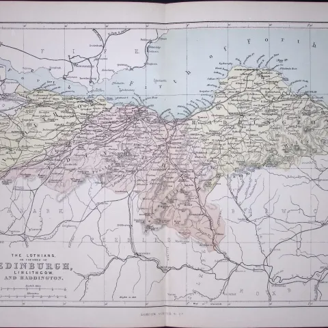 The Lothians, Edinburgh Scotland 150 Years-Old Coloured Antique 1875 Map-15