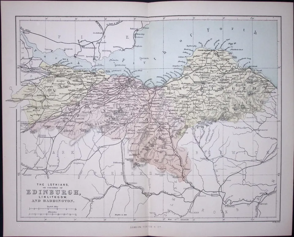 The Lothians, Edinburgh Scotland 150 Years-Old Coloured Antique 1875 Map-15