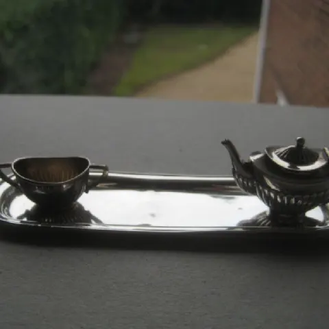 Antique Miniature Silver Teapot and Sugar Bowl, Tray Set