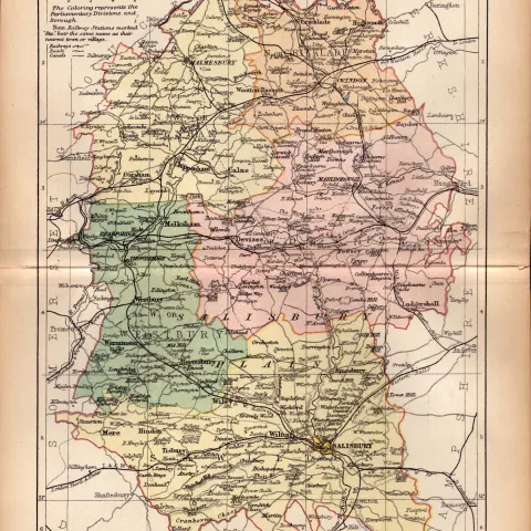 County of Wiltshire 1895 Antique Victorian Coloured Map.