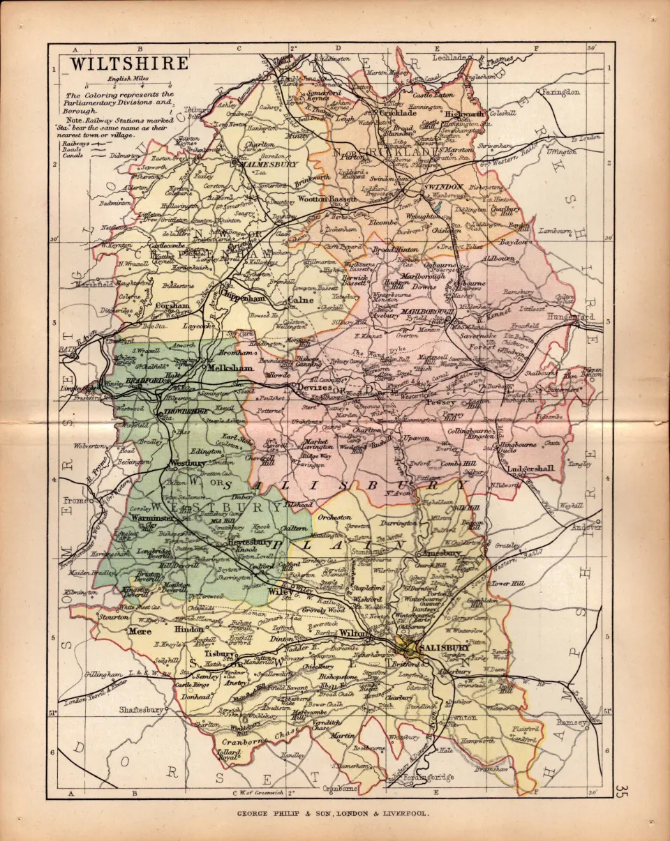 County of Wiltshire 1895 Antique Victorian Coloured Map.