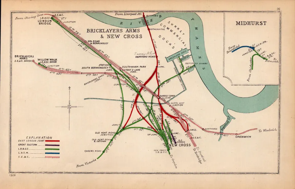 Bricklayers Arms & Kings Cross London Antique Railway Junction Diagram-91.