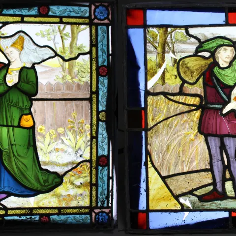 Pair of Antique Painted Stained Glass Panels Gothic Revival, c.1880