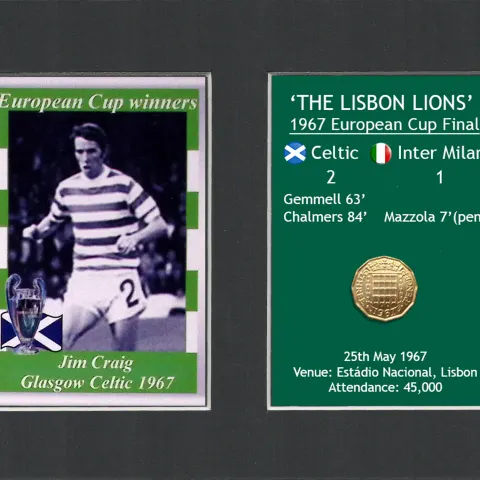Jim Craig Celtic FC European Cup Mount & Original Half-Crown Coin Metal Art