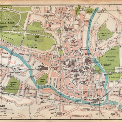 Bath City Centre  Street Plan Coloured Vintage 1924 Map.