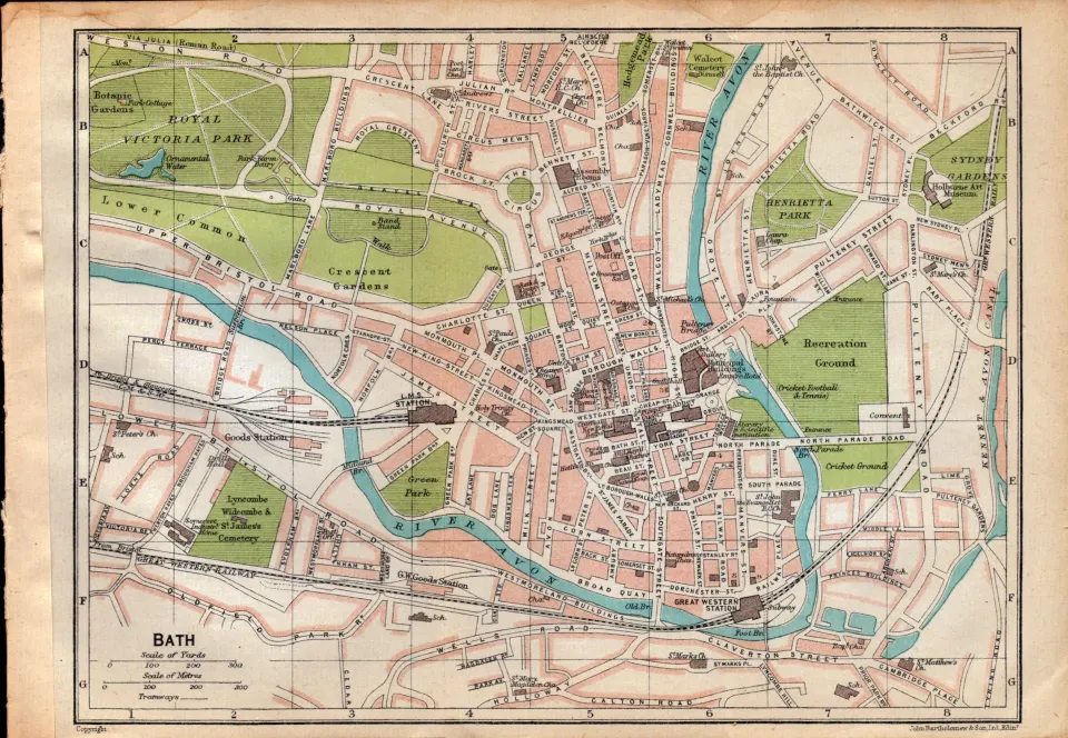 Bath City Centre  Street Plan Coloured Vintage 1924 Map.