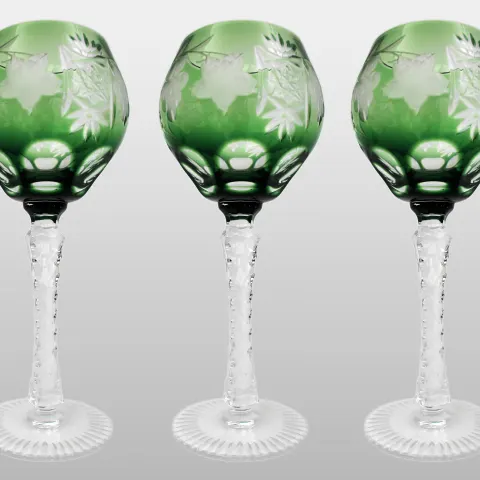 Set of 5 Vintage Green Overlay Cut to Clear Wine Glasses