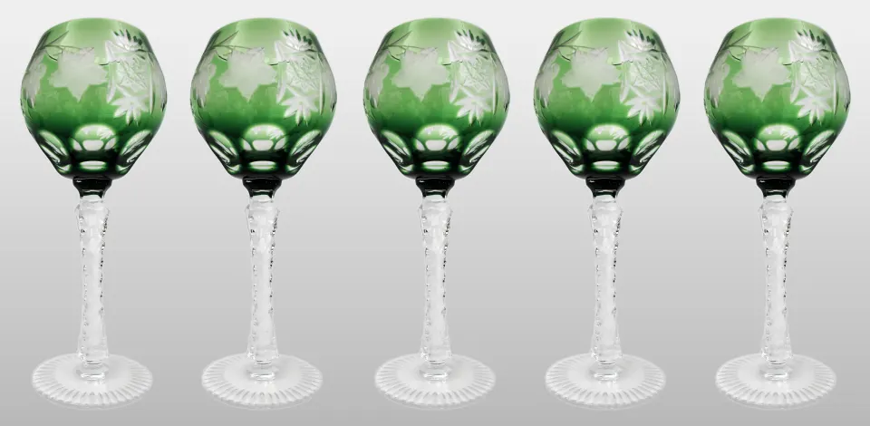 Set of 5 Vintage Green Overlay Cut to Clear Wine Glasses
