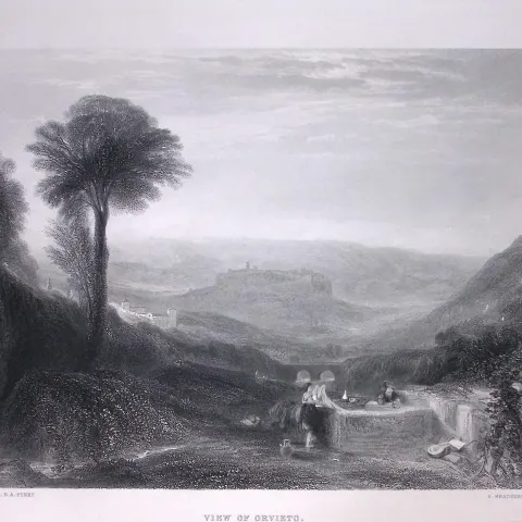 J.M.W Turner View of Orvieto Italy Antique Steel Engraving-32-TR