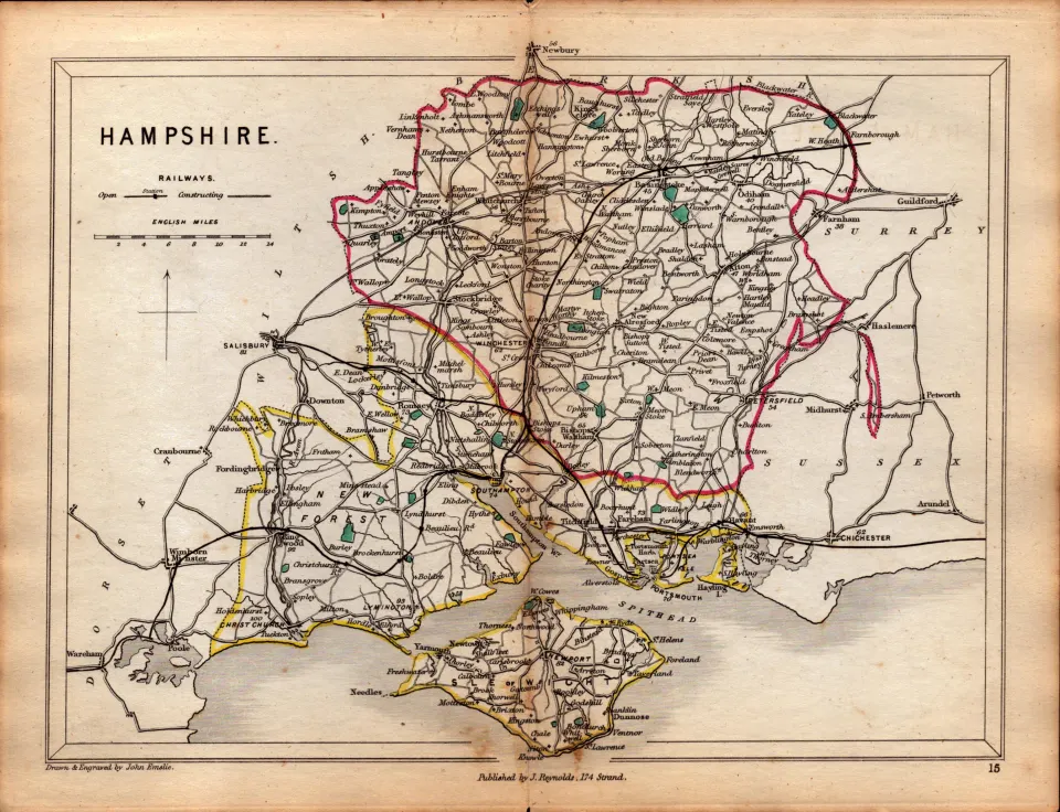 Antique Railway Map of Hampshire Drawn & Engraved by John Emslie.