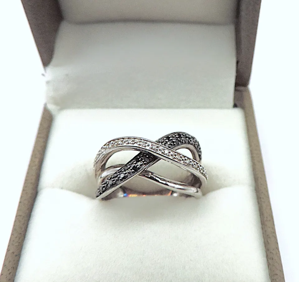 Sterling Silver Diamond Crossover Ring New With Gift Pouch