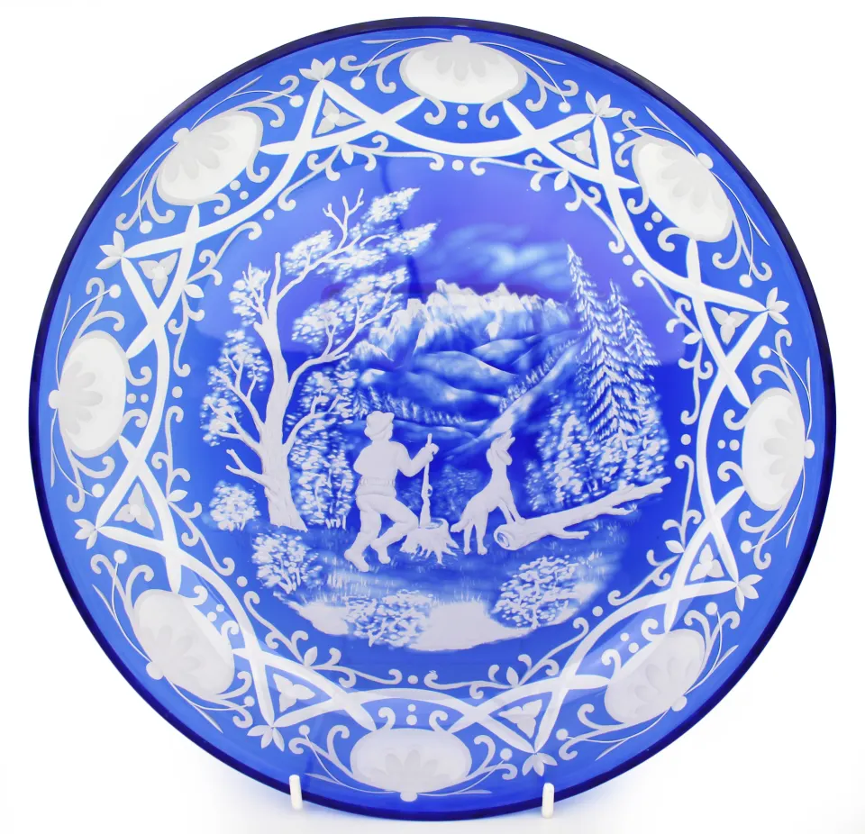 Blue Bohemian Overlay Cut Crystal Charger