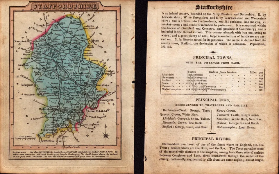 Staffordshire Engraved Hand Coloured George IV Map & Text.