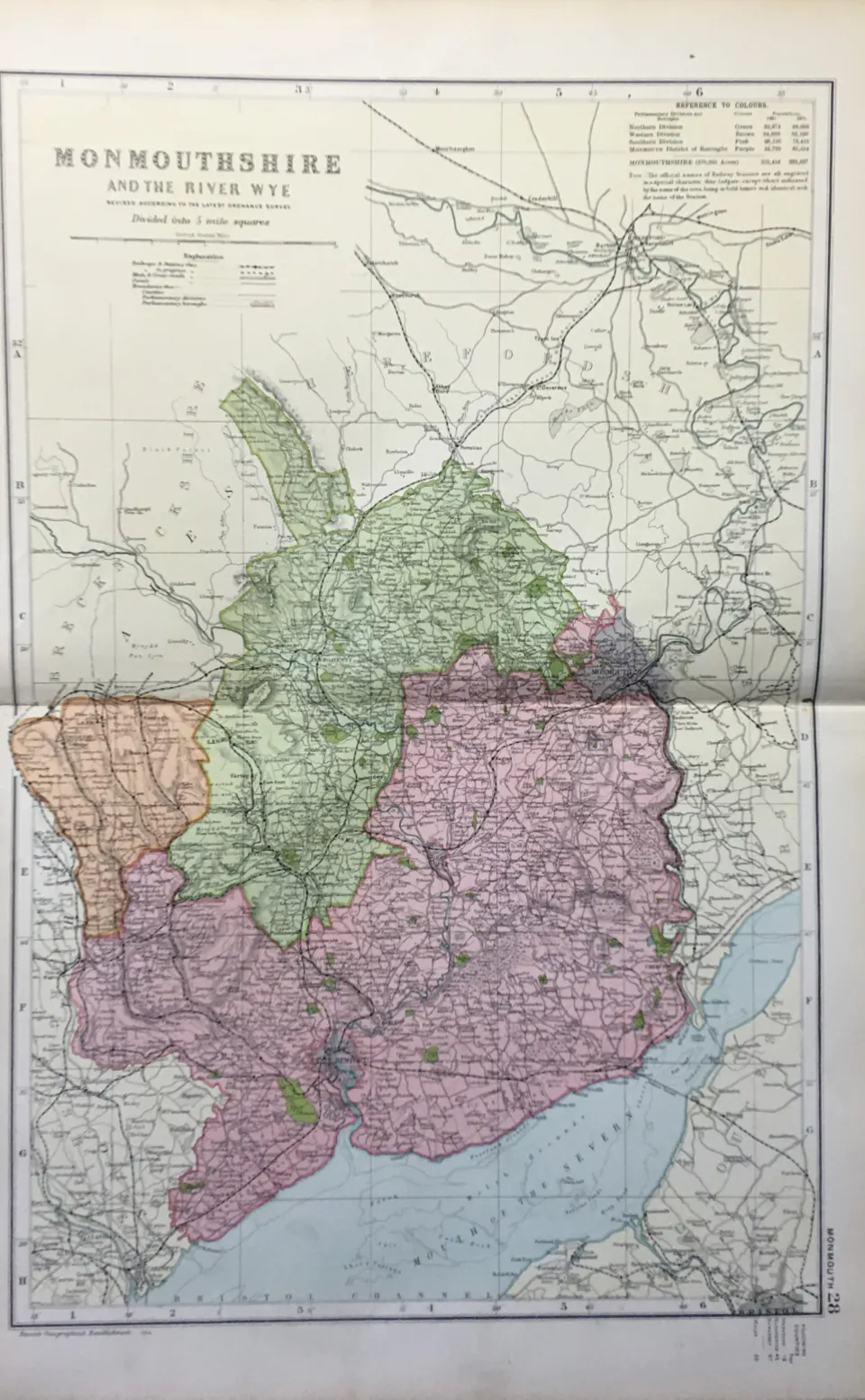 Coloured Antique Large Map Monmouthshire  GW Bacon 1904.