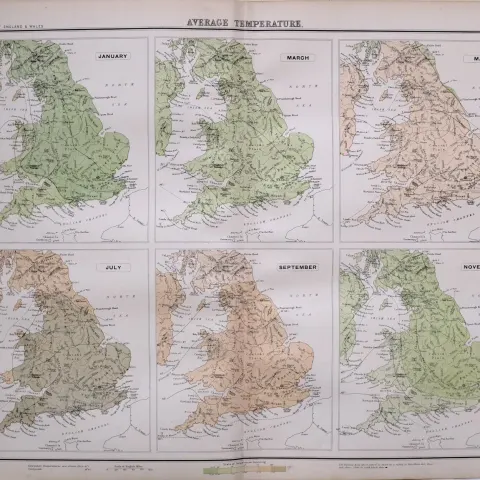 Victorian Antique 1897 Map England & Wales Average Central Temperature.