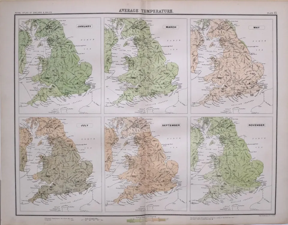 Victorian Antique 1897 Map England & Wales Average Central Temperature.
