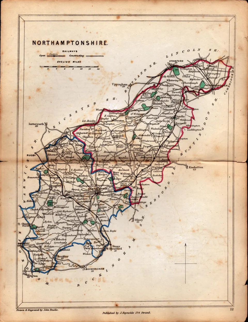 Antique Railway Map of Northamptonshire Drawn & Engraved by John Emslie.