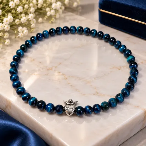 Blue Tiger Eye Beaded Necklace with Silver Tone Love Heart Charm