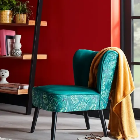 (165/Mez/P1) RRP £89. Jessica Jungle Print Occasional Chair Green. Velvet Fabric & Rubberwood Legs.