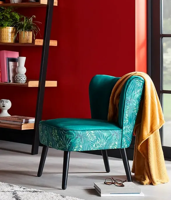 (165/Mez/P1) RRP £89. Jessica Jungle Print Occasional Chair Green. Velvet Fabric & Rubberwood Legs.