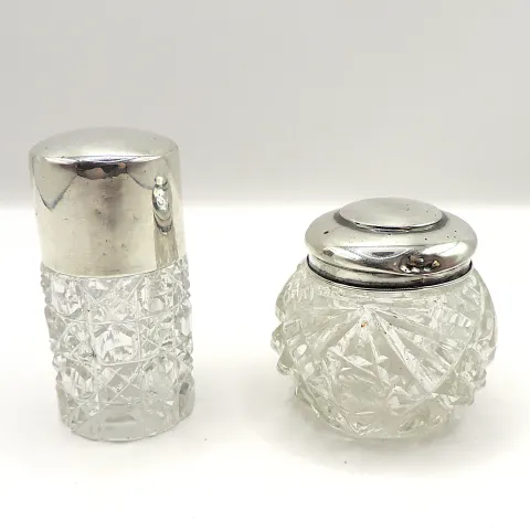 Pair Antique Sterling Silver Cut Glass Lidded Vanity Bottles