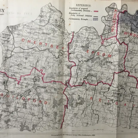 Antique 139 Years-Old Scarce Map County Surrey 1885 Boundary Changes.