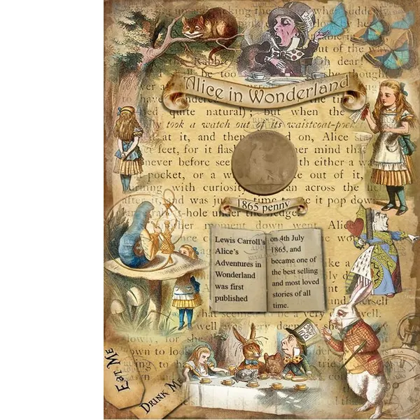 Original Penny Coin Metal Display The Year Alice In Wonderland Was First Published In 1865.
