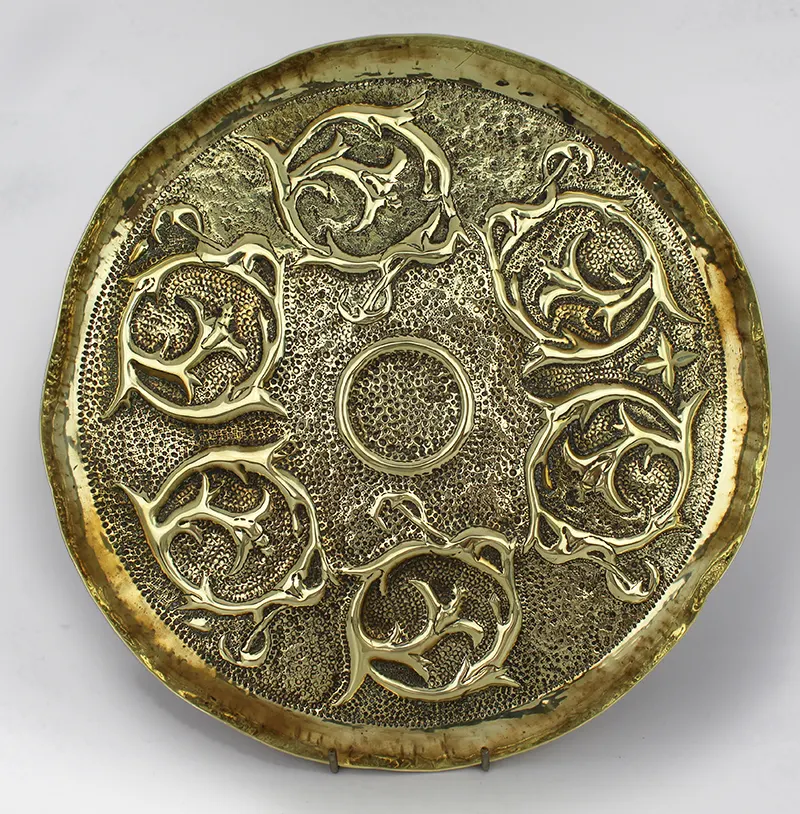 Antique Arts & Crafts Repoussé Brass Tray