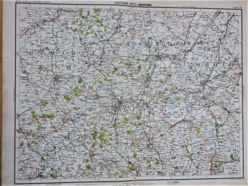 Victorian 1897 Map Bedfordshire Buckinghamshire Cambridgeshire Etc.
