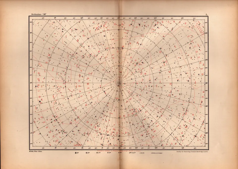 Star Atlas Declination – 90 Degrees Astronomy Antique Map.