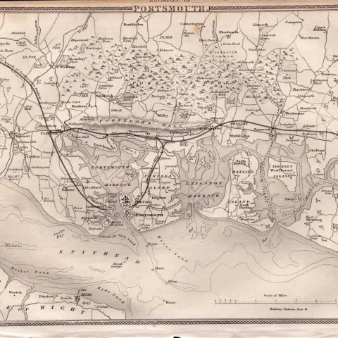 Environs Of Portsmouth Steel Engraved c1850 Victorian Antique Map.